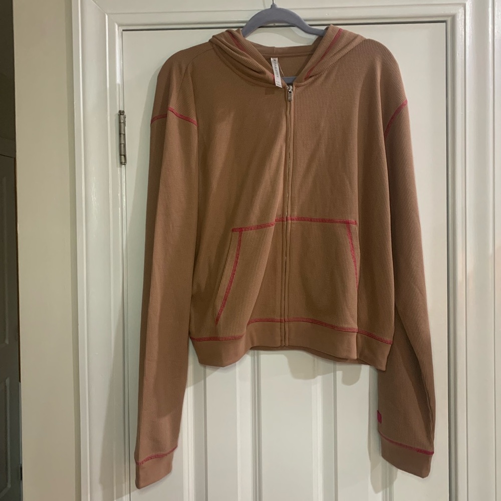 Fabletics dark brown with pink piping zip up jacket